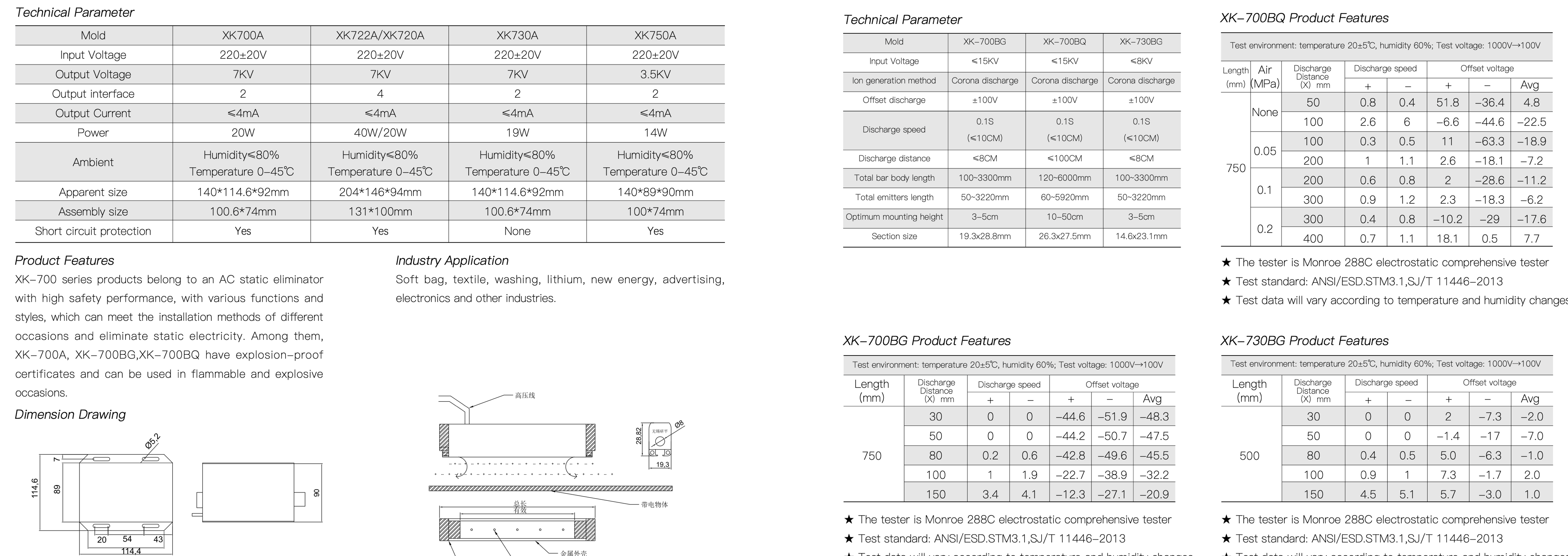 XK700 catalog dimension drawing and performance table