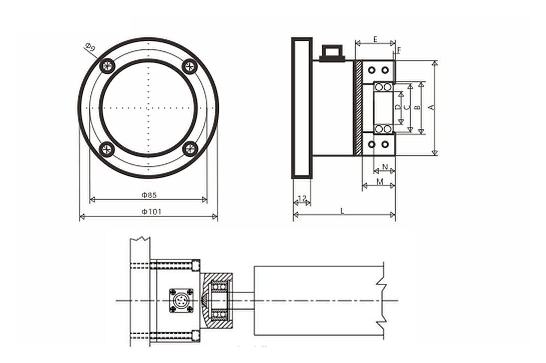 LFP100A Through-Shaft Tension Sensor mounting and dimension drawing